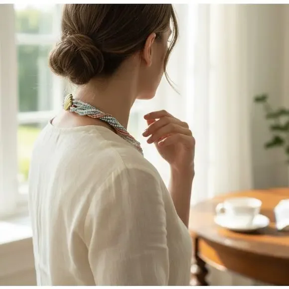 Vintage Multi Strand Seed Bead Torsade Necklace Gold Tone Scallop Clasp 15 Inch - Picture 2 of 8